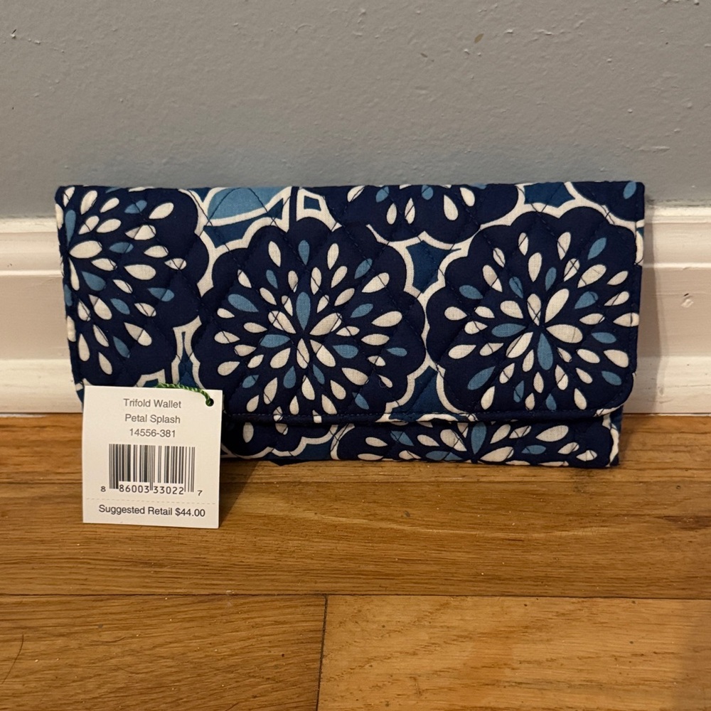Vera Bradley Navy Trifold Wallet with Floral Edge